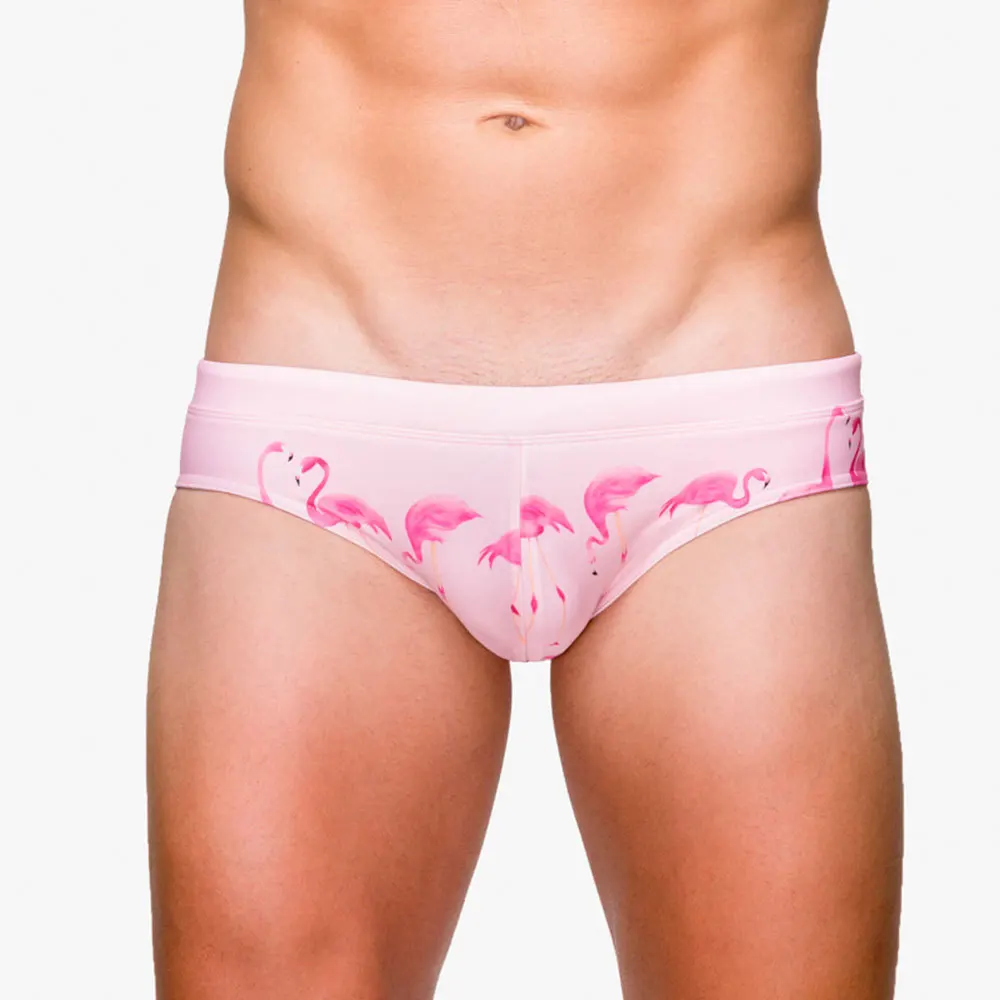 Сексуальная одежда для плавания с принтом фламинго, мужские плавки для плавания, трусы, бикини для бассейна, низкая талия, Мужской купальный костюм, мужские пляжные шорты для серфинга, плавки для плавания - Цвет: Розовый