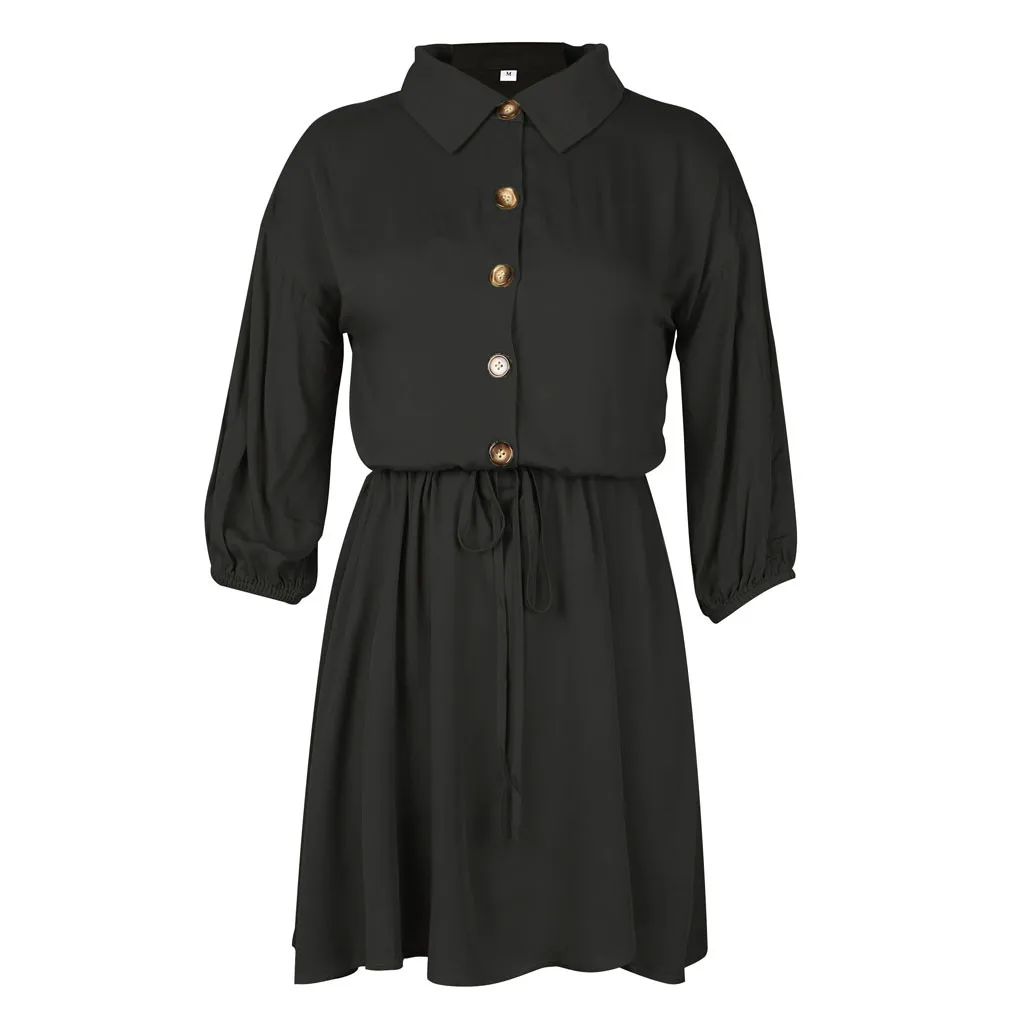 Feitong/женское платье, Vestidos, модное, одноцветное, 3/4, длина рукава, v-образный вырез, пуговицы, frenuum, свободное, мини, свободное платье, ropa mujer