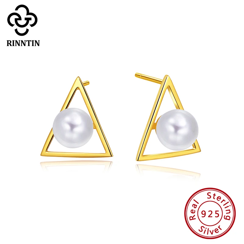 S925 Sterling Silver Earring Triangle Pearl Gold Stud Earrings For Women Wedding