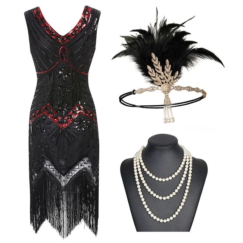 Black Red Set Винтажное платье размера плюс S1920s Gastby с блестками и сеткой в стиле модерн, украшенное бахромой, черный/зеленый/белый/золотой - Цвет: Black Red Set