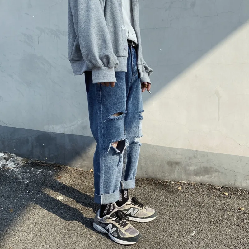 70% OFF Hole Jeans Men's Fashion Washed Solid Color Casual Straight Jean Pants Men Streetwear Wild Loose Hip Hop Denim Trousers Mens