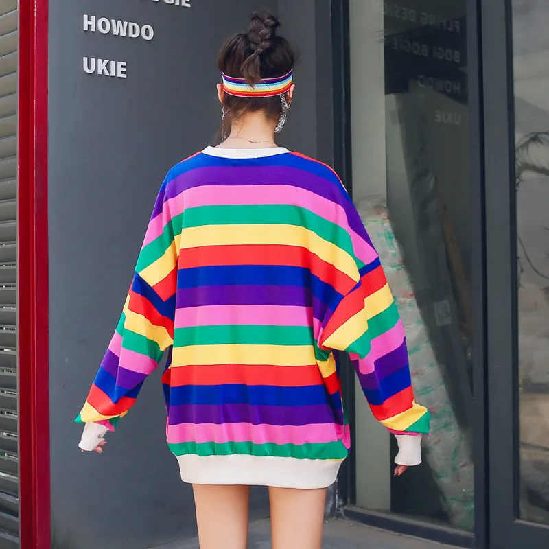 Осенний модный Радужный свитшот с принтом Женский Свободный Повседневный Harajuku Женская толстовка с капюшоном