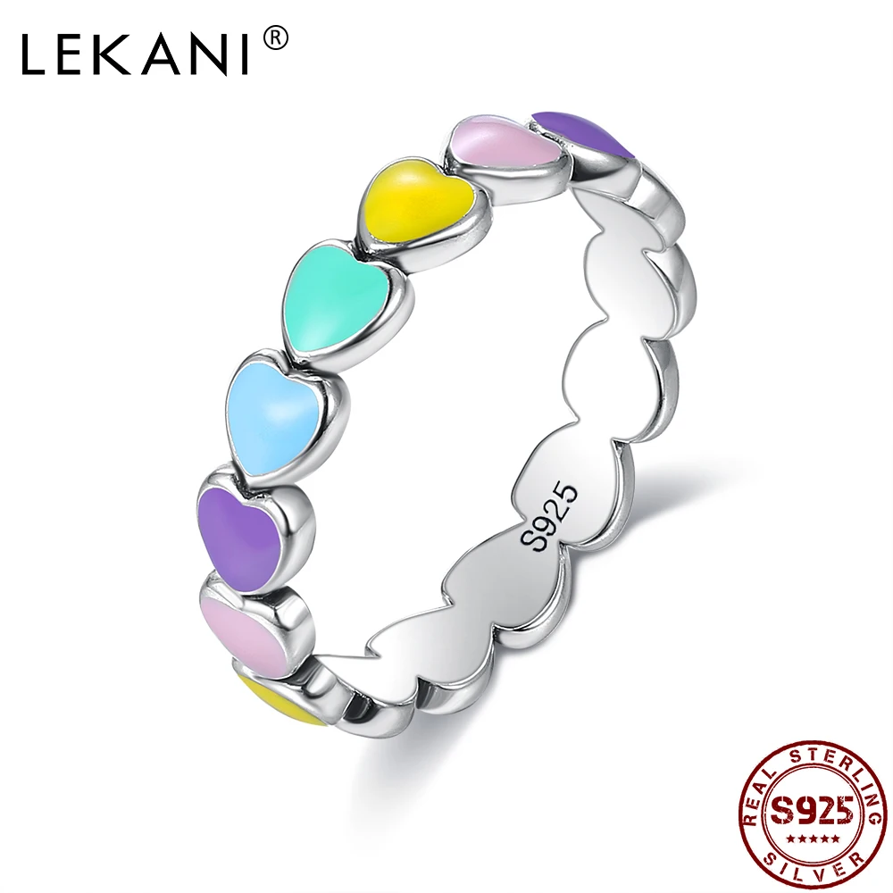 LEKANI-anillo de compromiso de Plata de Ley 925 para mujer, joyería de dedo apilable Corazón Arco Iris, regalos románticos