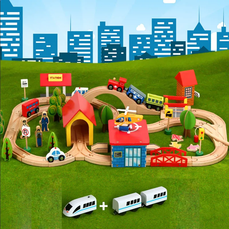 Kopen Houten Trein Spoor Set Kids Houten Spoorweg Puzzel Slot Transit Hout Rail Transit Hout Trein Railway Elektrische Speelgoed Treinen Voor kids