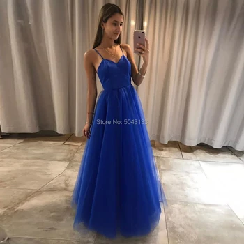 

Royal Blue Long Evening Dresses Sexy Spaghetti Strap Sweetheart Formal Prom Gown Backless A-Line Sleeveless Tulle Party Dress