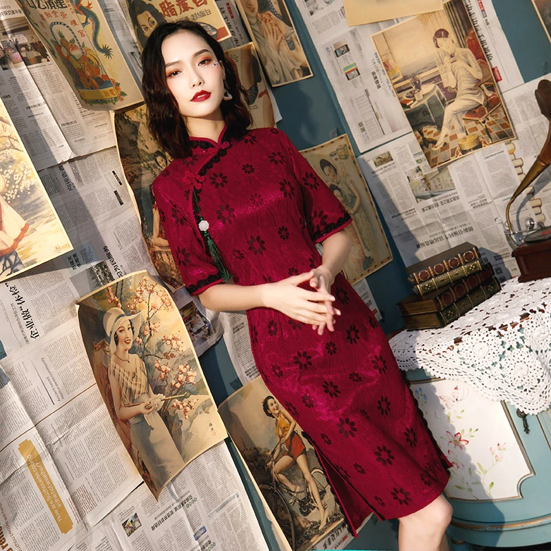 

SHENG COCO Ladies Shanghai Elegant Lace Chinese Wedding Dress Wine Red Bridesmaid Qipao China Lace Cheongsam Women China Qi Pao