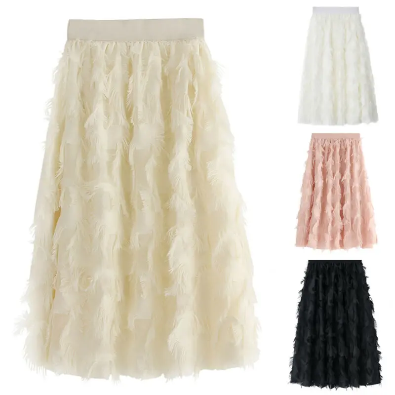 Осенняя Женская эластичная юбка в Корейском стиле с завышенной талией и средней длиной, однотонная сетчатая юбка-пачка, многослойные плиссированные юбки