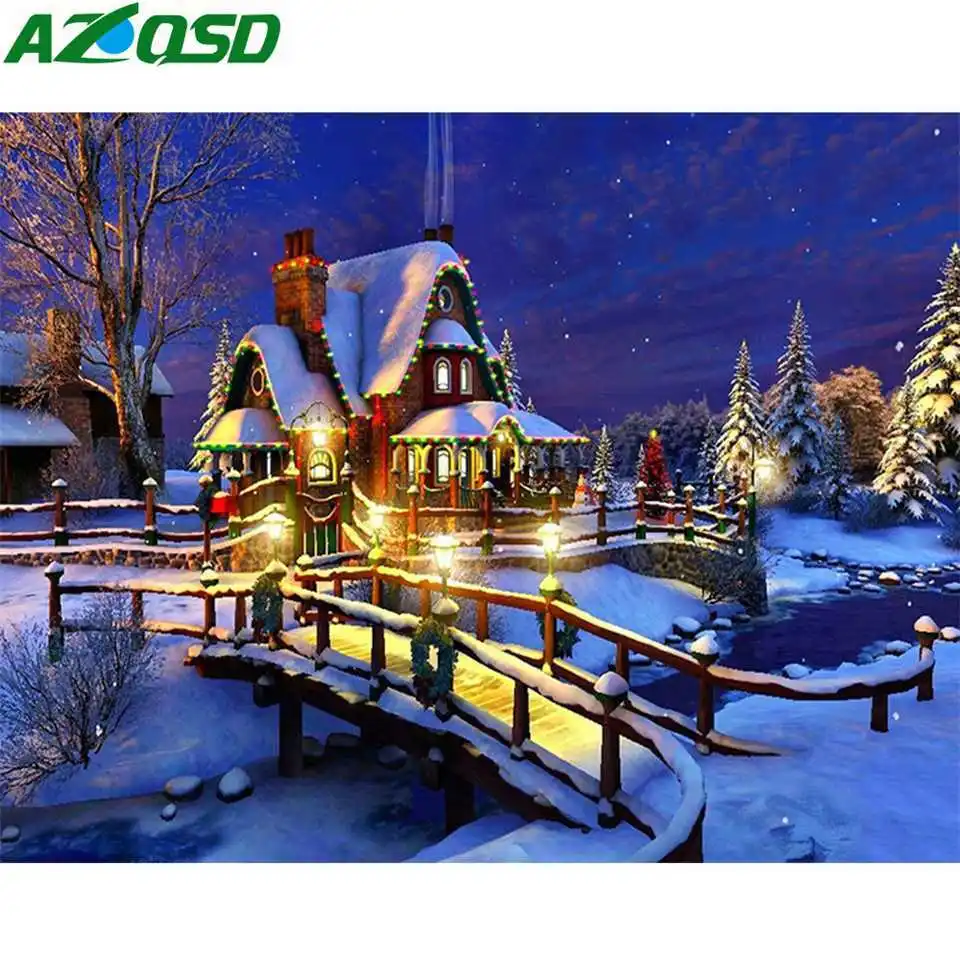 AZQSD Diamond Mosaic Full Display Painitng House Scenery Handmade Rhinestones Pictures Wall Decor Cross Stitch Kits | Дом и сад