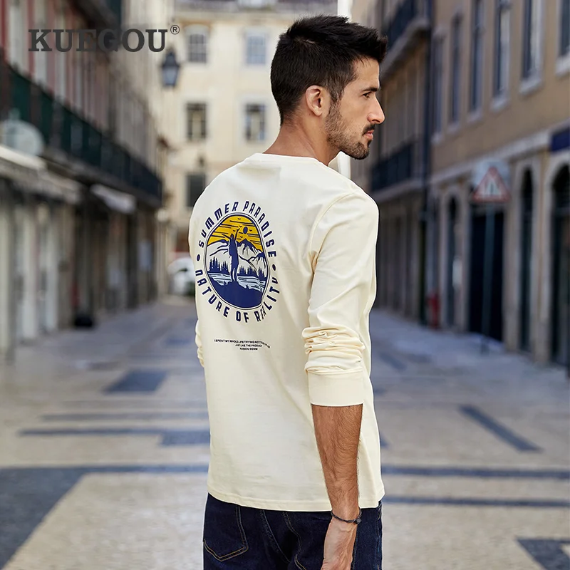 Kuegou 100% Хлопковая мужская футболка с длинным рукавом кремовая Мужская модная