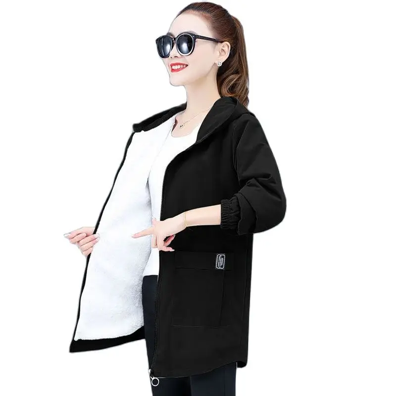 

Осенне-зимняя утепленная Хлопковая женская ветровка с добавлением бархата, свободная верхняя одежда средней длины с капюшоном, Женская куртка, пальто, парка