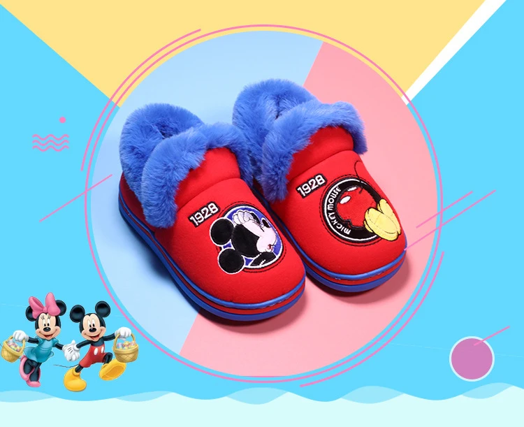 Детские тапочки; зимняя теплая обувь с милым рисунком Микки Мауса Для мальчиков и девочек; Домашние Нескользящие плюшевые детские тапочки с мехом
