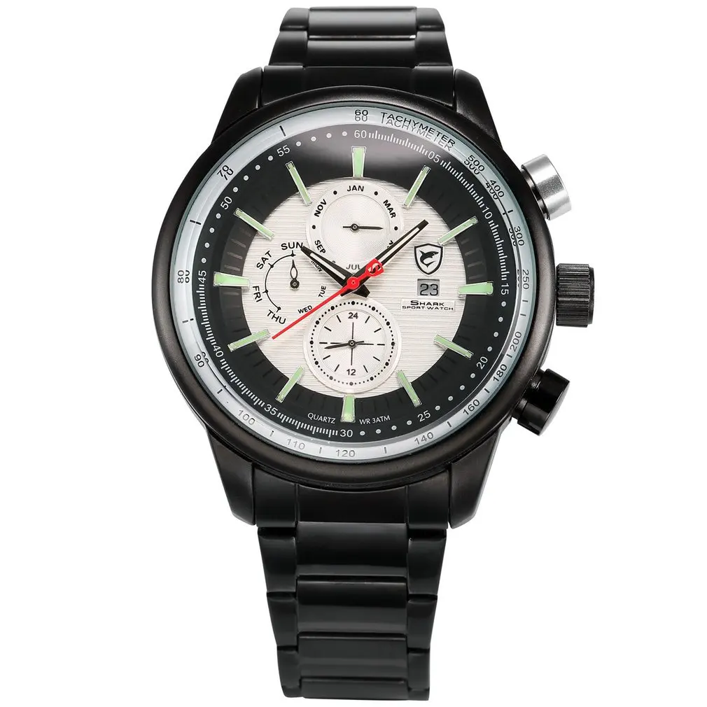 

Gummy Shark Sport Watch White 3D Dashboard Date Day Month Black Steel Band Oversized Big Case Quartz Men's Wrist Watches /SH371