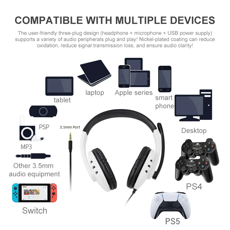 For PS4 PS5 Headset Gamer PC Laptop Stereo Bass Wired Gaming Headphones with Microphone For phone Tablet Kids Adults Boys Gift