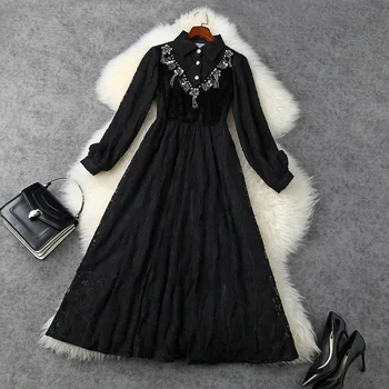 

European and American women's wear 2020 winter new style Long sleeve nail bead Mosaic lace Fashionable black dress