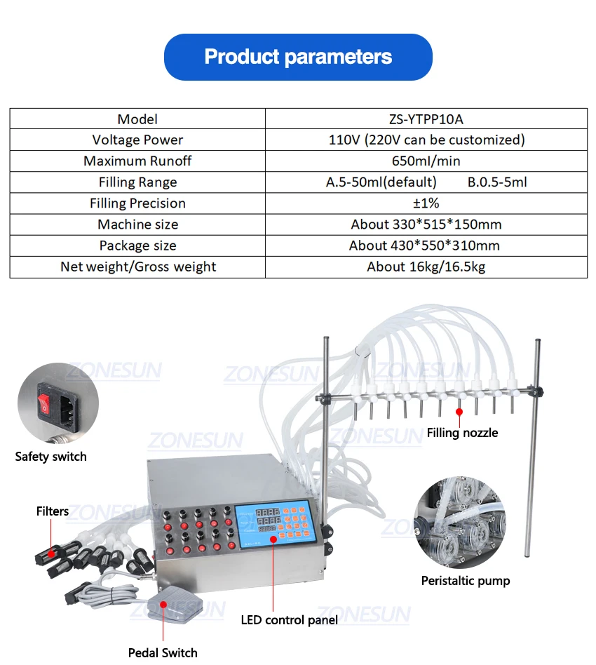 ZONESUN ZS-YTPP10 Electric 10 Nozzles Peristaltic Pump Liquid Filling Machine