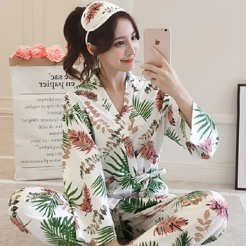 

Autumn Women Pajamas Set Printed Cotton Winter Pink Sleepwear Women Turn-down Collar Pijamas Female Homewear Blue Pyjamas