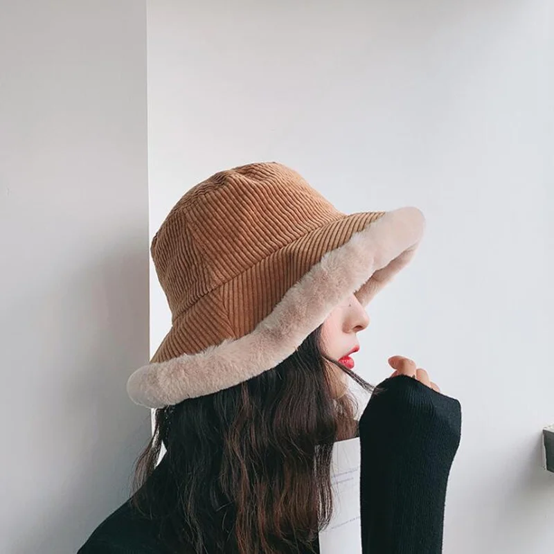 

Winter Faux Cashmere Bucket Hat Women Faux Fur Caps Thicken Warmer Snow Hats Adjustable