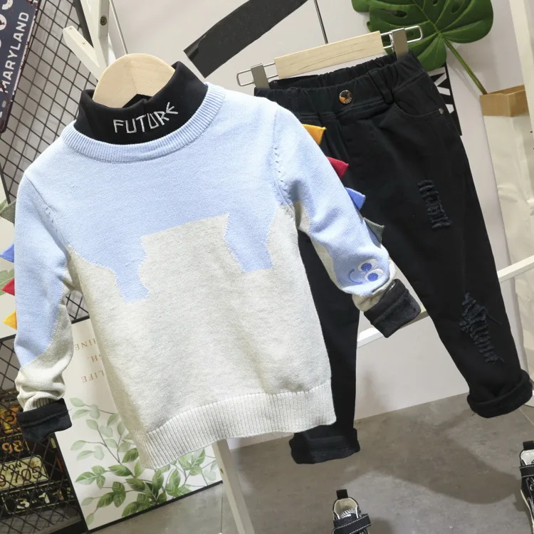 Winter kids clothes Toddler Kids Baby Boys knitted sweater+ Plush t-shirts+ Plush pants 3pcs Outfit Clothes Set for baby sets