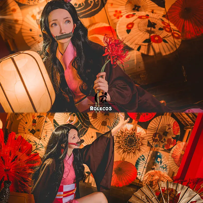 ROLECOS аниме демон Slayer Kamado Nezuko Косплей Костюм Kimetsu no Yaiba Хэллоуин женское кимоно
