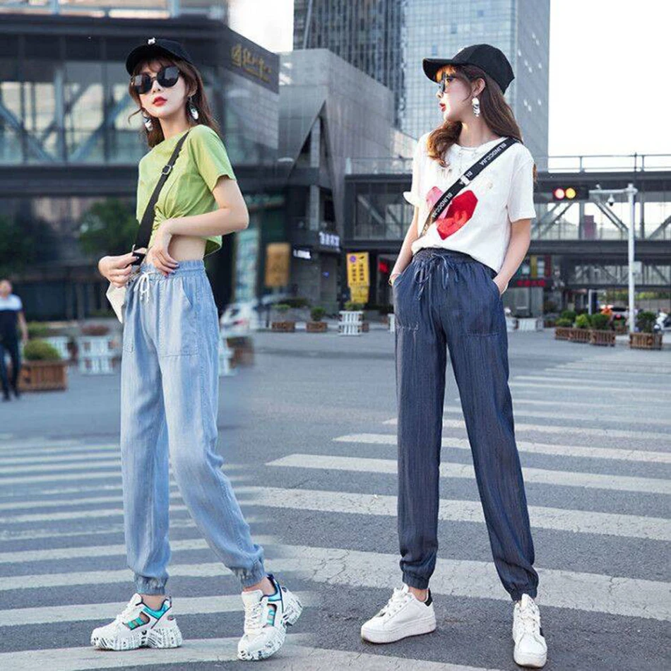 Fashion Casual Style Cotton Pants Leisure BF Harajuku Pants Summer Womens Elastic Waist Solid Basic Retro Loose Pants Trousers