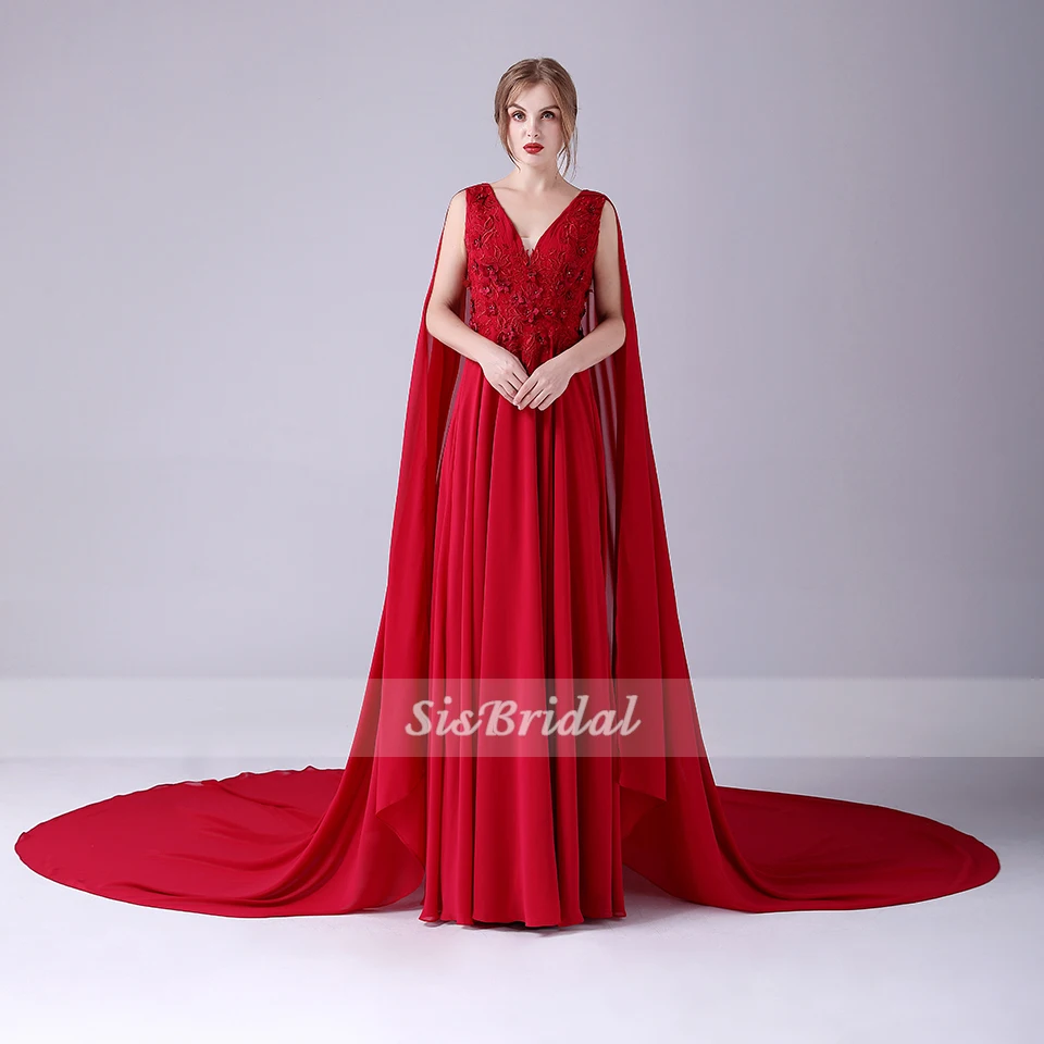 Prom Dress Long Evening Dress A Line V Neck Sleeveless Watteau Train