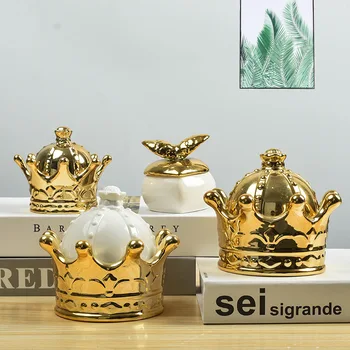 

Golden Crown Candy Box Decorative Ceramic Necklace Ring Jewelry Storage Box Wedding Drawer Organizer Makeup Storage Container