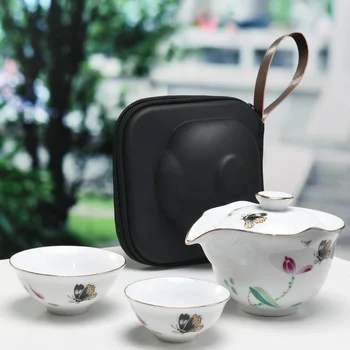 

Travel tea set 1teapot 2cup 1bag,Beautiful and easy kettle gaiwan teaset porcelain pot set for travel China Tea