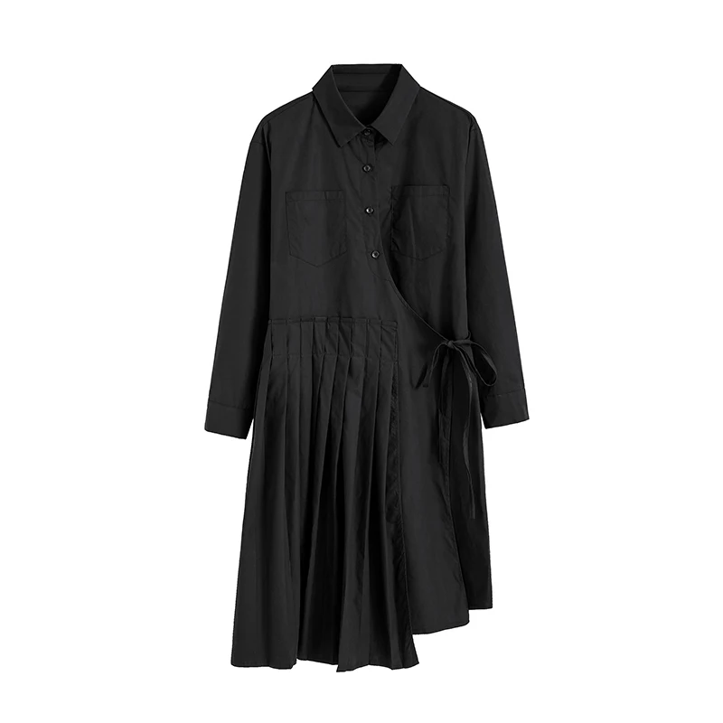XITAO/черное асимметричное плиссированное платье миди со шнуровкой с отложным воротником, однобортное свободное платье с карманами, большие размеры GCC1551