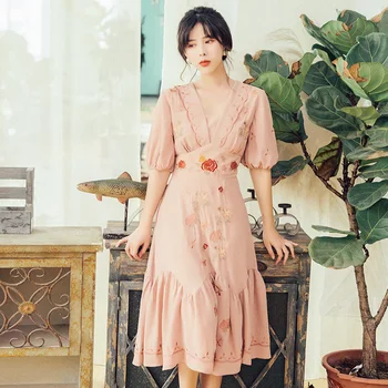 

HAMALIEL Summer Pink Holiday Dress Women Vintage Floral Embroidery Puff Sleeve Bodycon Midi Dress Luxury High Waist Beach Dress