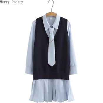 

Women's Sets V-Neck Knitted Vest And Straight Dress Turndown Collar Tie Blouse Dresses 2020 Spring Preppy Style Two Piece Set