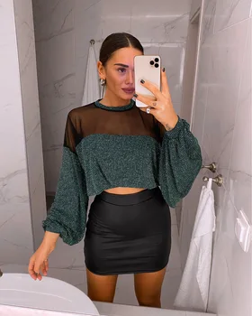 

Fashion Women Glitter Back See-through Mesh Crop Top Blouse Ladies Patchwork Loose Lantern Long Sleeve Blouse Tops Streewear