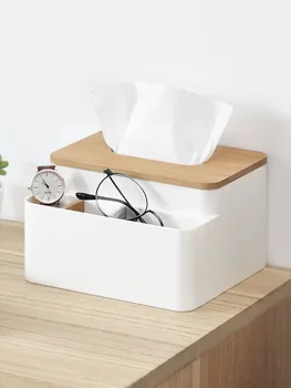 

Nordic Home Desktop Tissue Box Multi-Function Living Room Bamboo Wood Lid Paper Holder Box Remote Control Storage Box