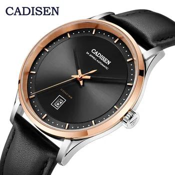 

CADISEN Brand Luxury Dress Watch Men Genuine Leather Strap Black Wristwatch Automatic Mechanical Watches Waterproof Date Watch
