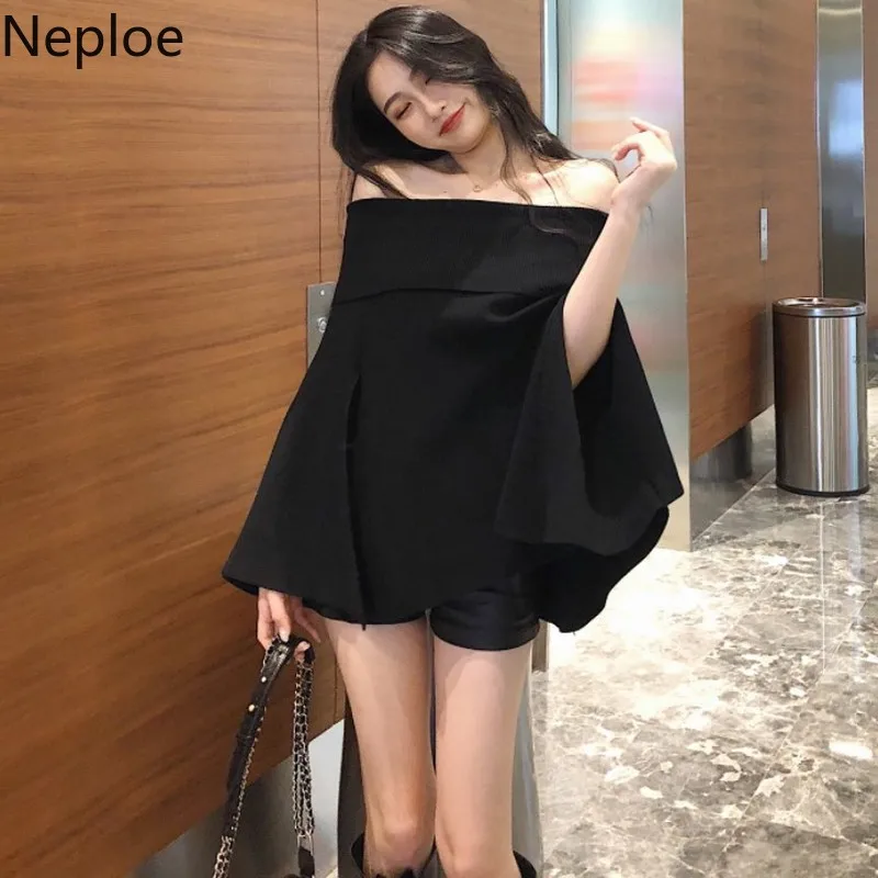 Neploe, сексуальный, с вырезом лодочкой, с открытыми плечами, вязаный, женский плащ, дизайнерский, Женский пуловер, свитер, однотонный, рукав летучая мышь, Sueter, зима 48386