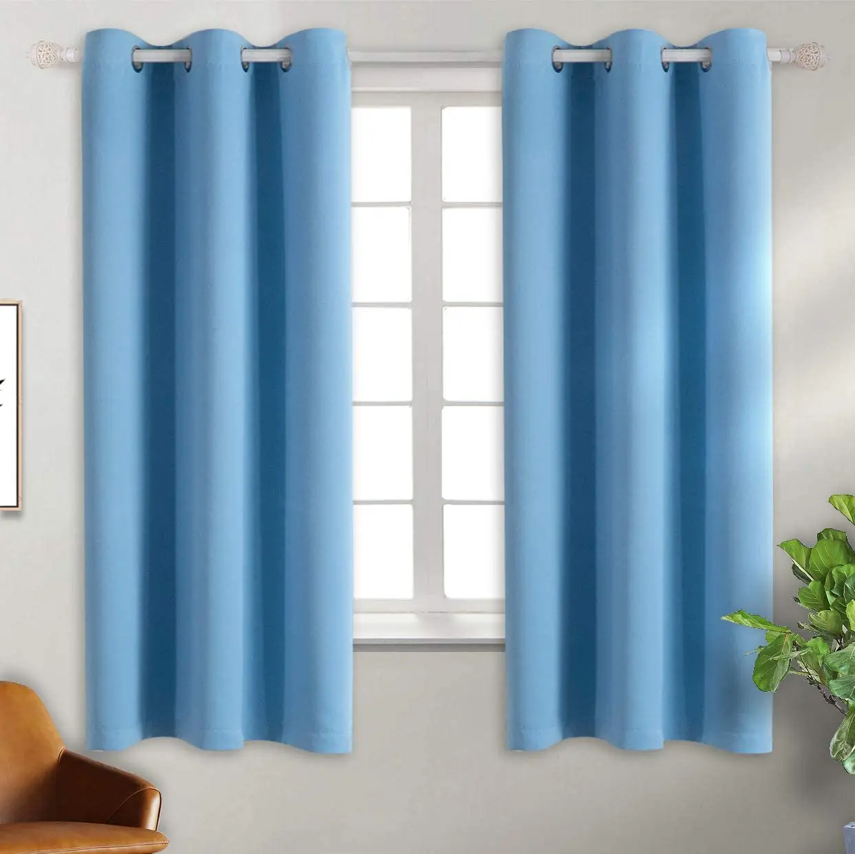 

Blue Solid Color Blackout Fabric，Grommet Blackout Window Curtain For Living Room/
