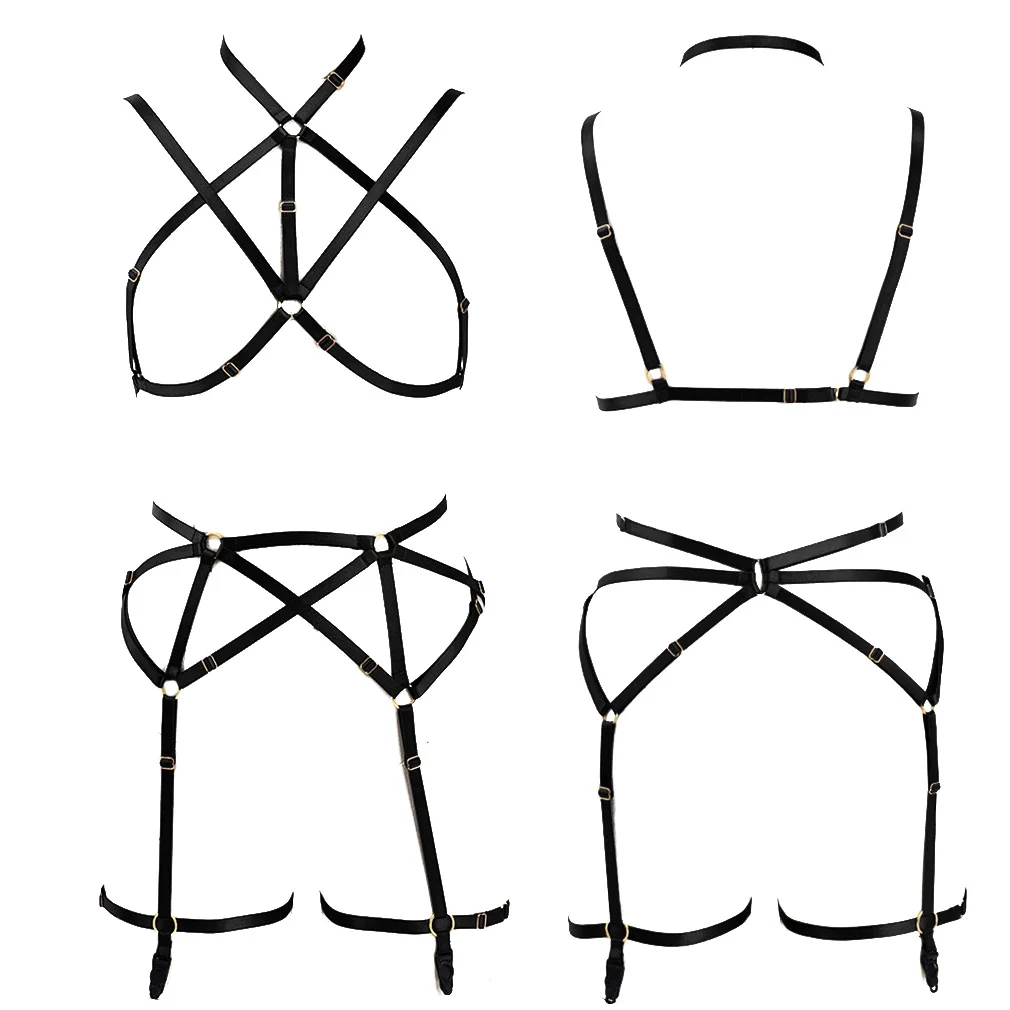 Black Red Body Harness Bondage Belt Elastic Cage Bra Pole Dance  Adjustable Wedding Leg Garter Belt Sexy Lingerie Harness Set
