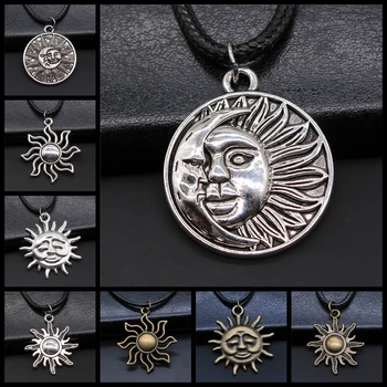 2 Colors Sun And Moon Totem Pendant Black Leather Chain Necklace Sun And Moon Amulet Necklaces For Women