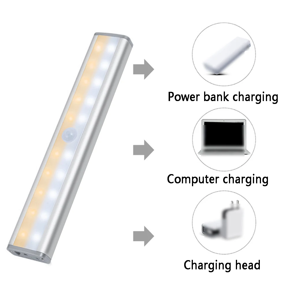USB Перезаряжаемый на батарейках светильник для шкафа 20LED автоматический датчик движения палка-на шкаф шкафы стены кухни лестницы