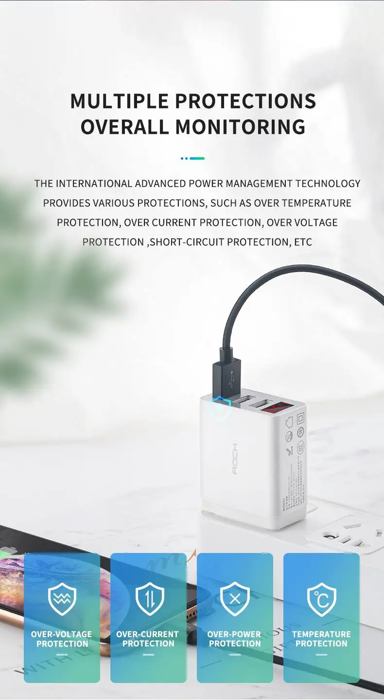 ROCK USB зарядное устройство для iphone зарядное устройство светодиодный дисплей 3 USB 5V 3A Быстрая зарядка настенное зарядное устройство для iphone huawei Xiaomi Max 2.4A зарядное устройство