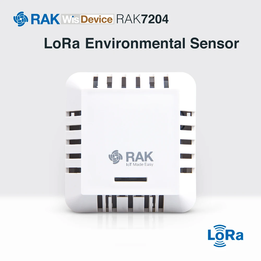 Skup RAK7204 to węzeł LoRaWAN. Może mierzyć zmiany temperatury, wilgotności, ciśnienia gazu i zapewniać wskaźnik jakości powietrza w pomieszczeniach