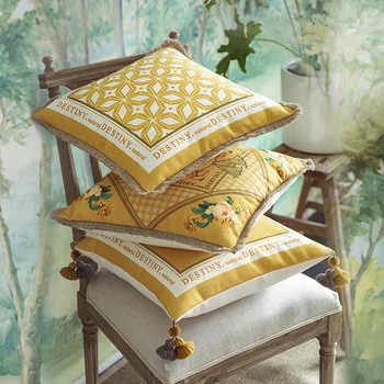 

American Pastoral Sofa Cushion Pillow Flower Printed Tassel Cushion Office Lumbar Pillow Home Bed Headrest Fresh Yellow Printed