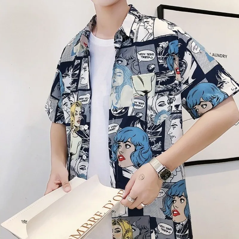 High Street Summer Mens Short Sleeve Cartoon Printing Top Shirts Korean Fashion Casual Slim Single Breasted Open Stitch Shirts