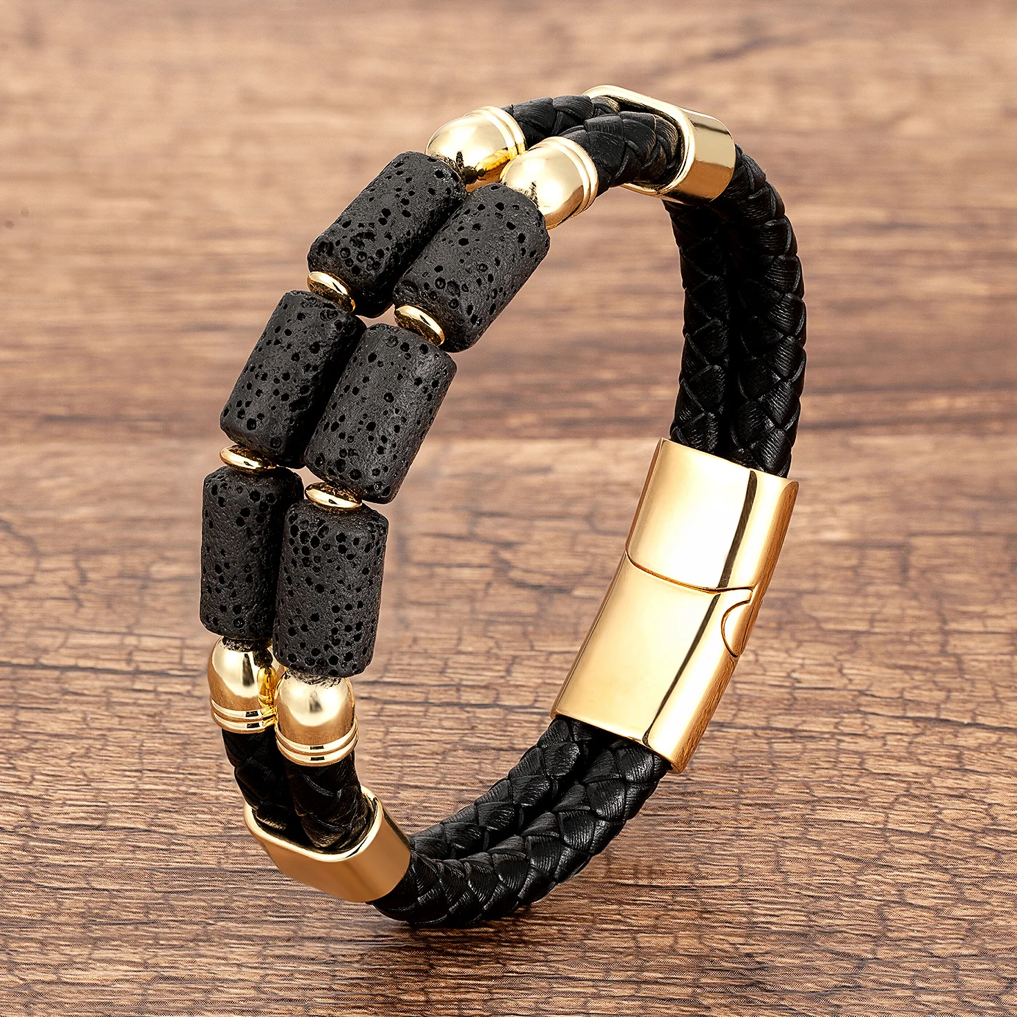Luxury Double Row Stone Bracelets & Bangles Women Natural Beaded Bracelet Stainless Steel Clasp Multilayer Leather Men’s Jewelry