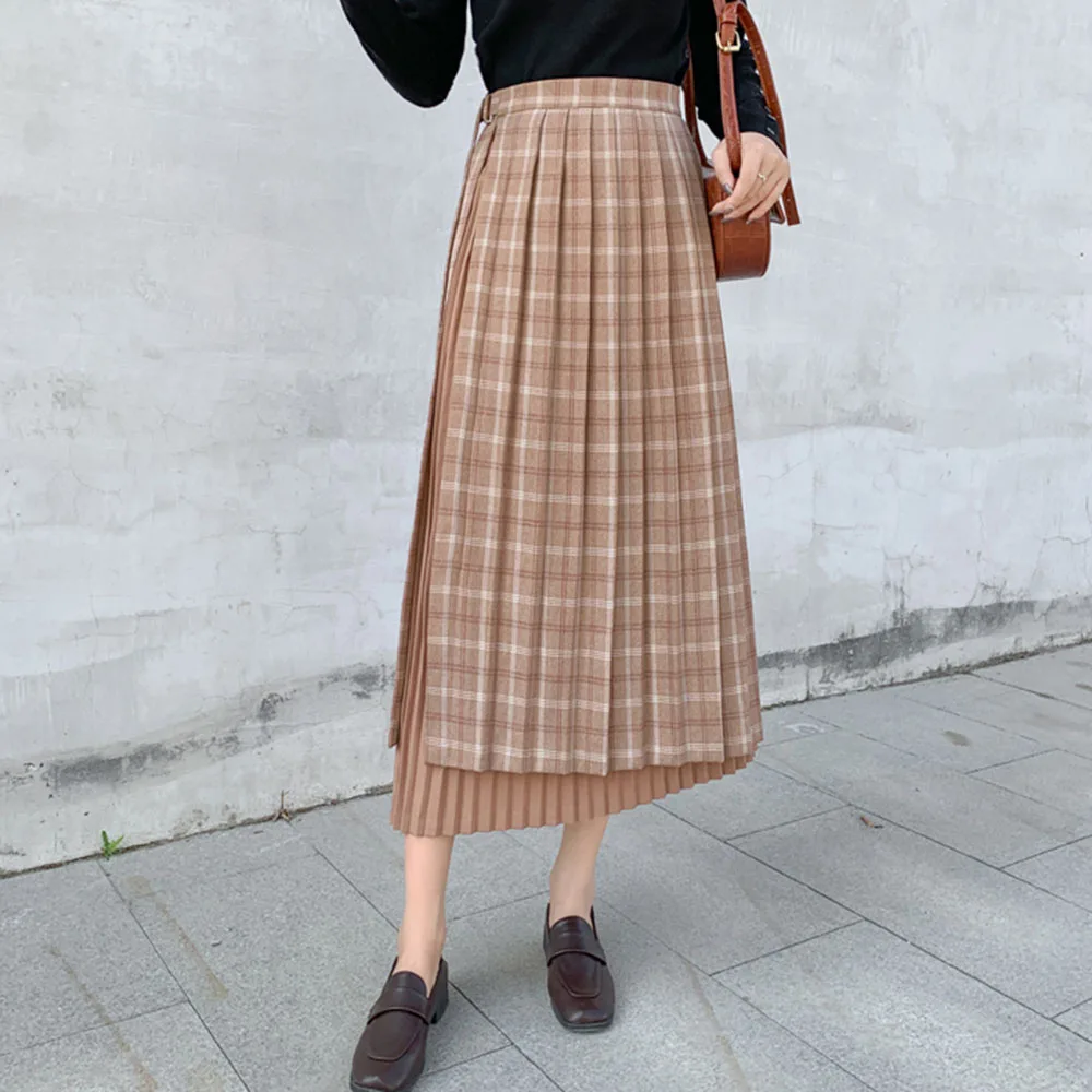 

Plaid Women Pleated Skirt Korean Designer Fashion Summer Double Layered Patchwork Mid-Calf Long Retro Causal Skirt