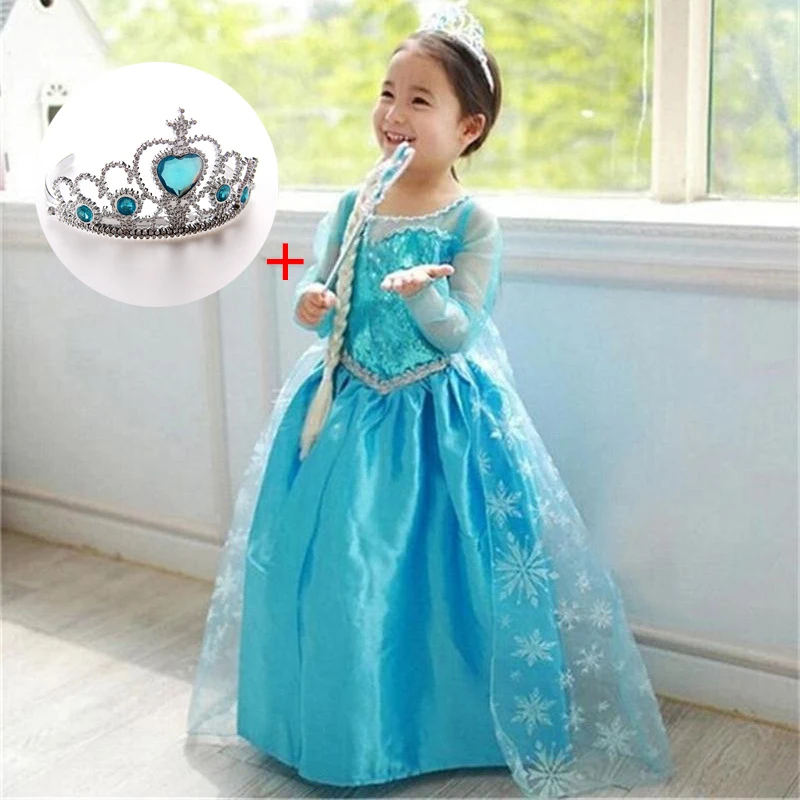 

Fancy 4-10y Baby Girl Princess Elsa Dress Wear Cosplay Elza Dress rapunzel Halloween Christmas Party With Crown