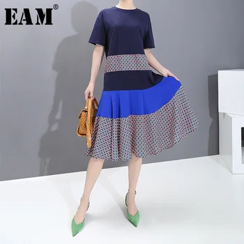 

[EAM] Women Blue Pattern Printed Temperament Dress New Round Neck Short Sleeve Loose Fit Fashion Tide Spring Summer 2020 1S761