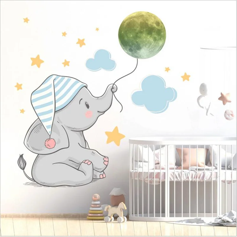 

Removable Cartoon Luminous Moon Elephant Wall Stickers For Kid's Room Beautification Decorative Self-Adhesive Wallpaper