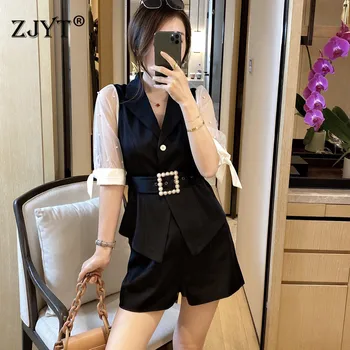 

Elegant Lady Office Two Piece Outfits 2020 New Summer Women's Set Runway Fashion Short Sleeve Mesh Patchwork Blazer Shorts Suit