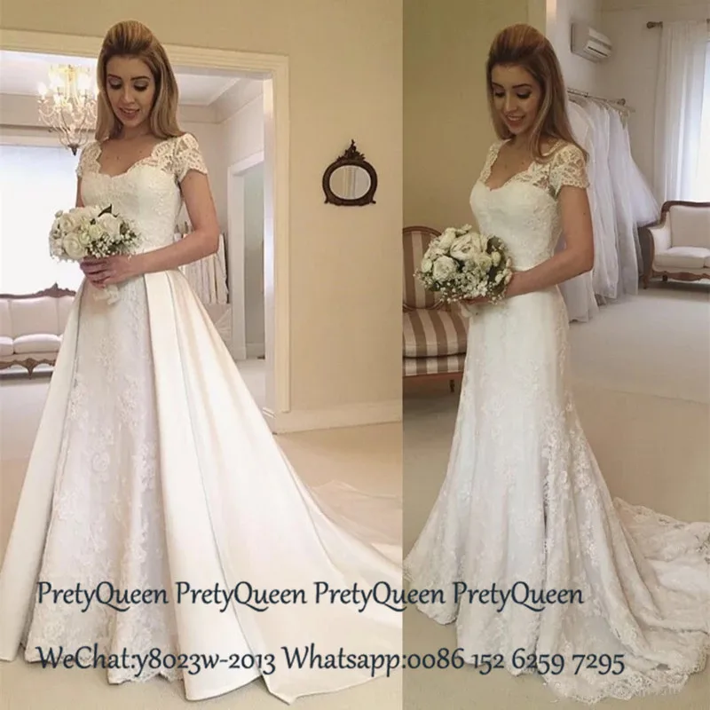 

Vogue Lace Detachable Skirt Wedding Dress With Capped Sleeves A Line White Long chapel Train Bridal Dresses For Women