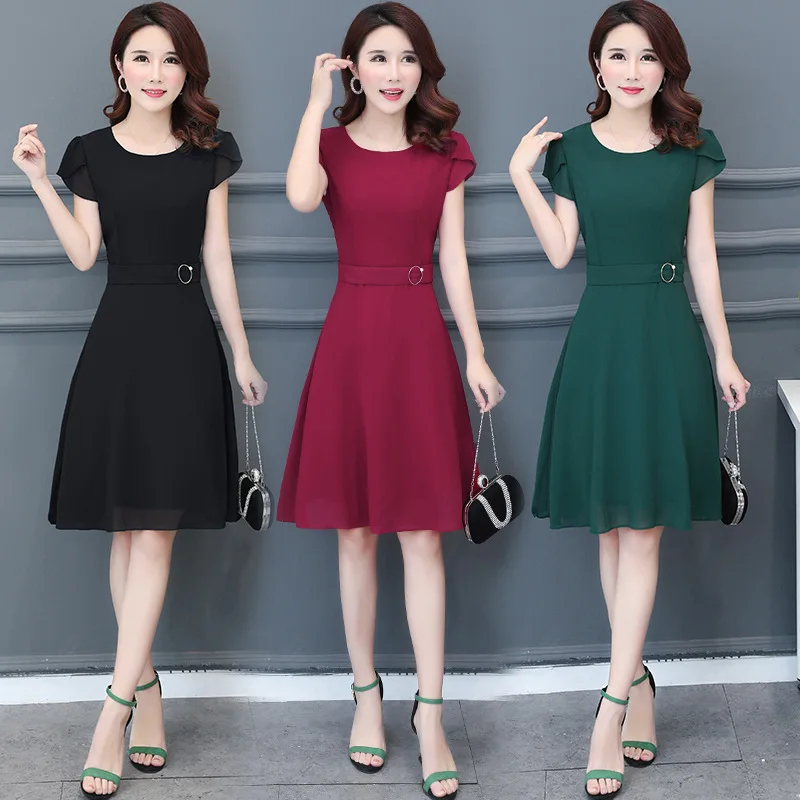 

2018 Summer Wear New Style Korean-style Slim Fit Solid Color Short Sleeve Mid-length Dress Women's